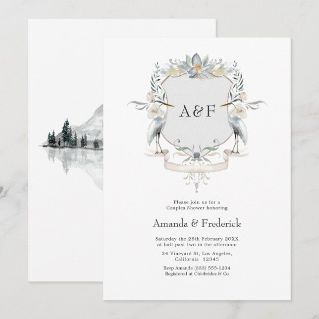 Heron Crest Elegant Lake Wedding Couples Shower Invitation (Front/Back)
