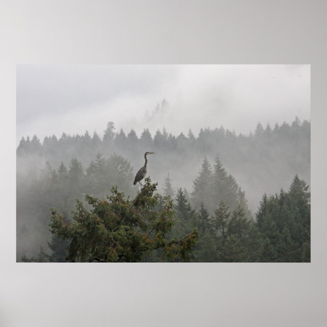 Heron in a Misty Mountain Landscape Poster (Front)