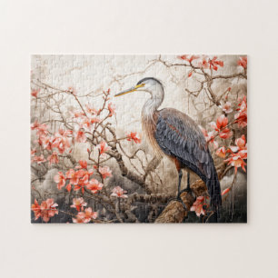 Heron in red foliage pond illustration jigsaw puzzle