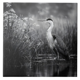 Heron in the Marsh Black and White Tile