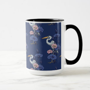 Heron in the Pink Lotus Garden on delpht blue Mug