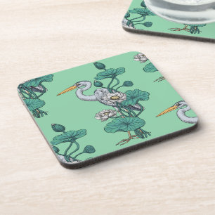 Heron in the White Lotus Garden on jade Coaster