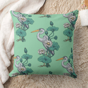 Heron in the White Lotus Garden on jade Cushion