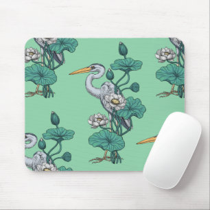 Heron in the White Lotus Garden on jade Mouse Mat