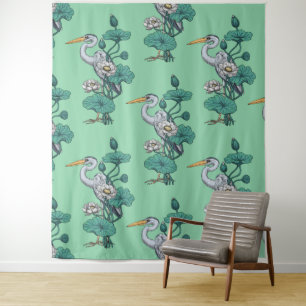 Heron in the White Lotus Garden on jade Tapestry