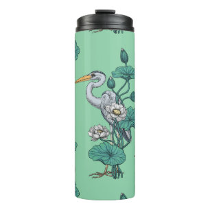 Heron in the White Lotus Garden on jade Thermal Tumbler