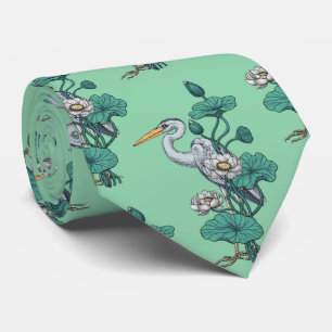 Heron in the White Lotus Garden on jade Tie