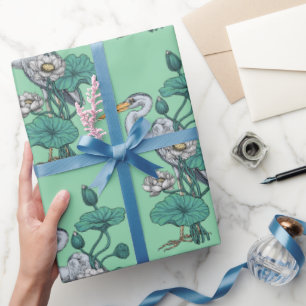 Heron in the White Lotus Garden on jade Wrapping Paper
