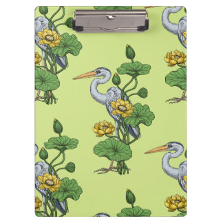 Heron in the Yellow Lotus Garden on honey dew Clipboard