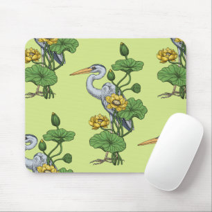Heron in the Yellow Lotus Garden on honey dew Mouse Mat