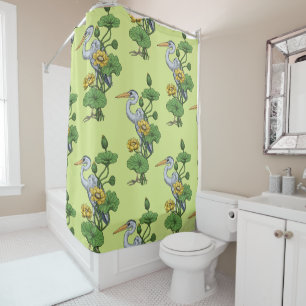 Heron in the Yellow Lotus Garden on honey dew Shower Curtain