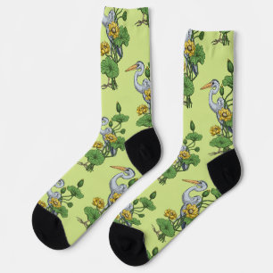 Heron in the Yellow Lotus Garden on honey dew Socks