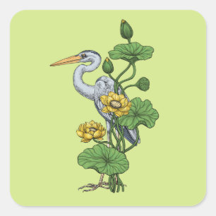 Heron in the Yellow Lotus Garden on honey dew Square Sticker