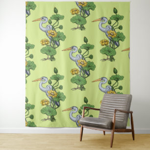 Heron in the Yellow Lotus Garden on honey dew Tapestry