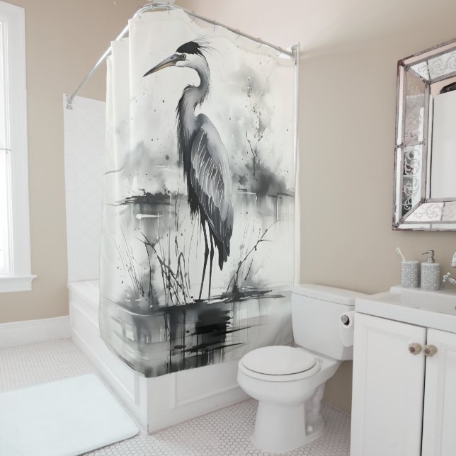 Heron Ink Painting Shower Curtain (In Situ)