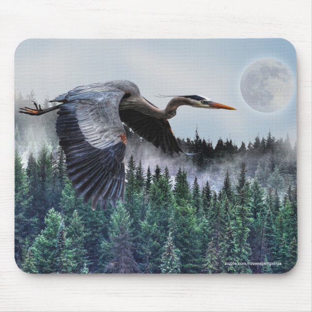 Heron, Misty Forest & Full Moon Mouse Mat (Front)