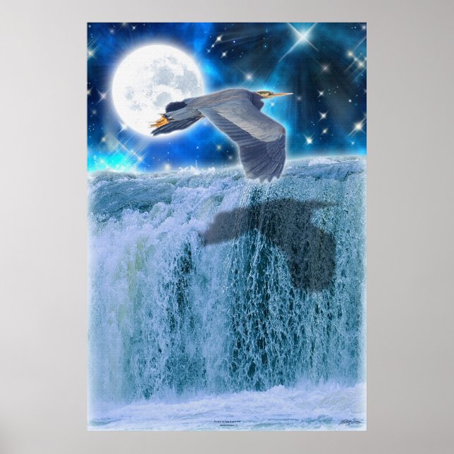 Heron, Moon & Waterfall Fantasy Art Poster (Front)