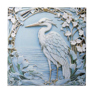 Heron Sea Bird Art Nouveau Faux Relief Left Blue Tile