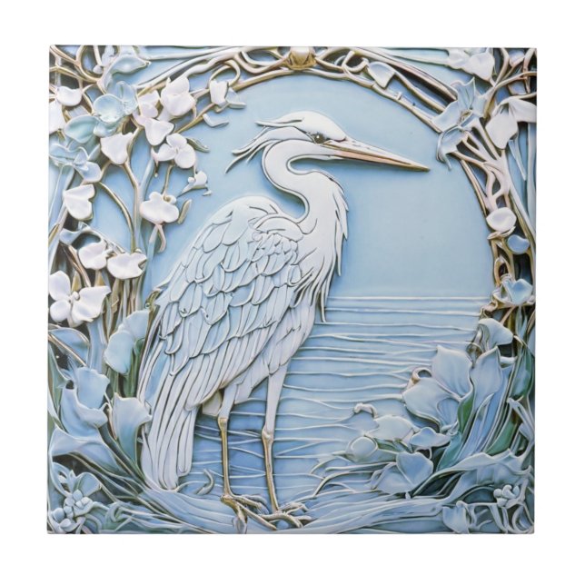 Heron Sea Bird Art Nouveau Faux Relief Right Blue Tile (Front)