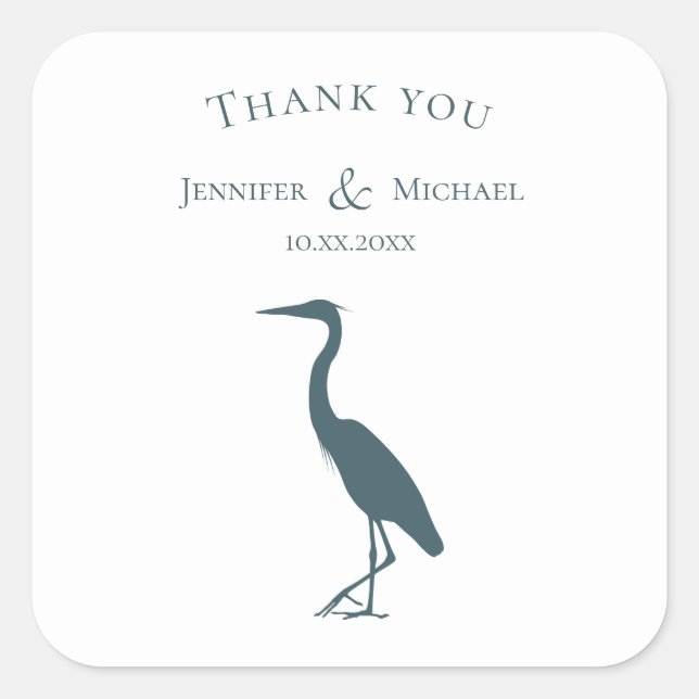 heron silhouette dark teal blue on white wedding square sticker (Front)
