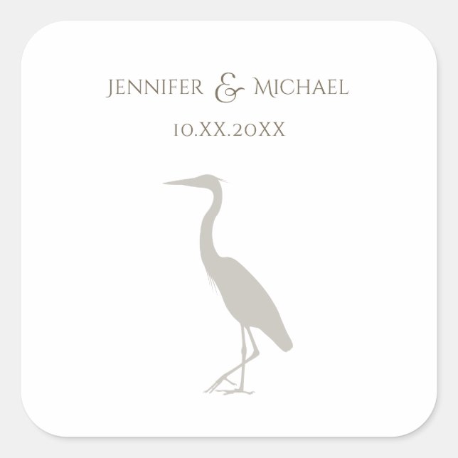 heron silhouette light sepia on white wedding napk square sticker (Front)