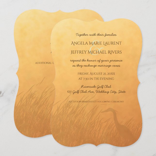 Heron silhouette sunset ombre wedding invitation (Front/Back)