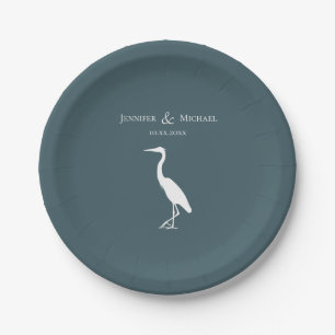 heron silhouette white on dark teal blue simple paper plate