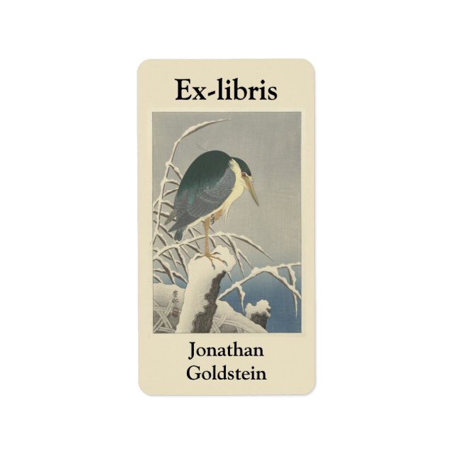 Heron, snow, branch, bookplate label (Front)