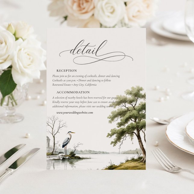 Heron Toile Country Calligraphy Wedding Details  Enclosure Card (Creator Uploaded)
