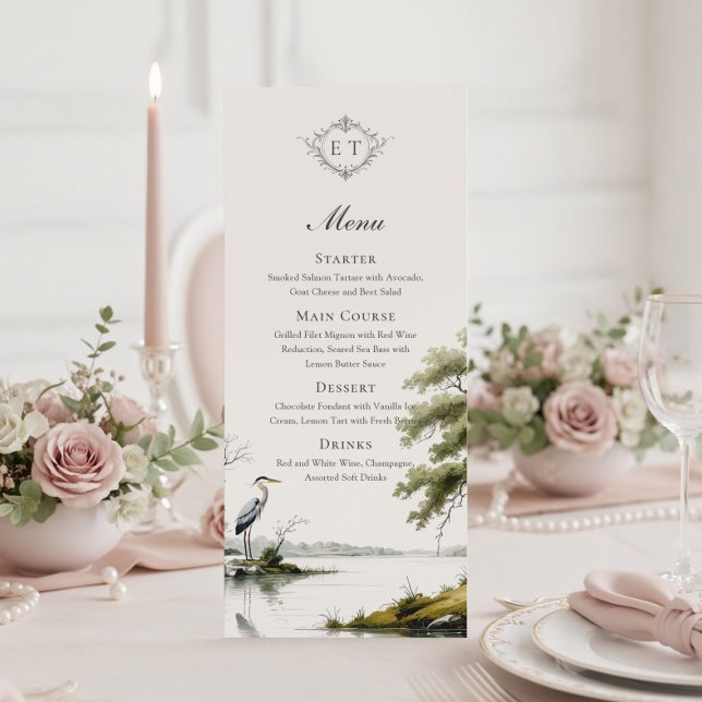Heron Toile Country Monogram Wedding Flat Menu (Creator Uploaded)