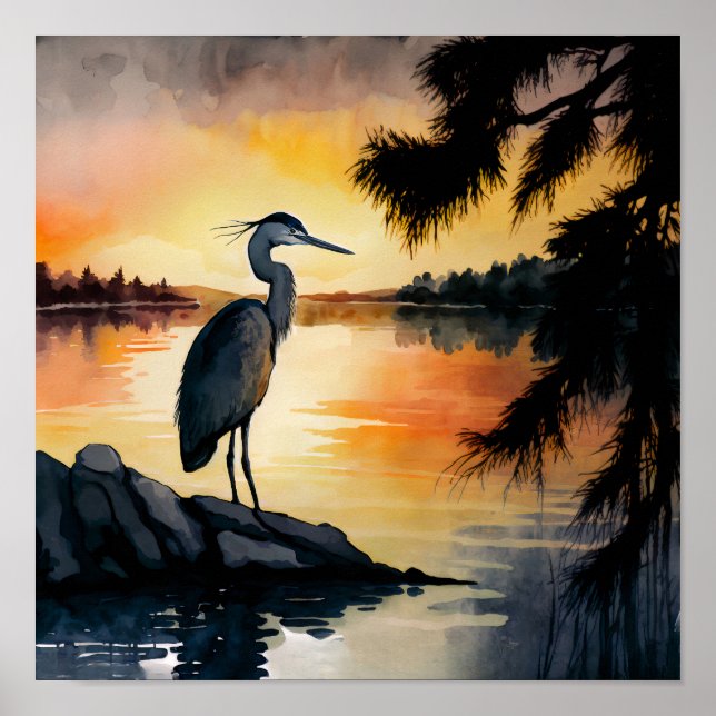Heron Watching the Sunset Watercolor Poster (Front)