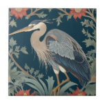 Heron William Morris style Left Sea Marine Bird Tile<br><div class="desc">"classy classic art nouveau",  "sage green heron crane bird",  "coastal ocean marine animals",  "william morris ceramic tile",  "blue aquatic water life",  "seaside dark navy red",  "left facing vintage life",  "nautical wildlife wild animal",  "white floral flower botanical",  "traditional beach coast antique"</div>