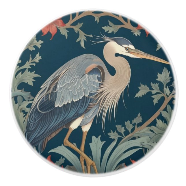 Heron William Morris style Right Sea Marine Bird Ceramic Knob (Front)