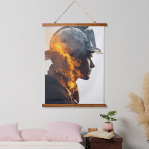 Hero's Heart: Firefighter Flame Portrait Hanging Tapestry