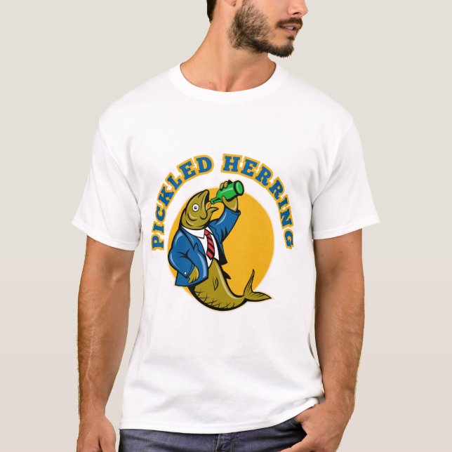 Herring fish suit drinking beer bottle T-Shirt (Front)