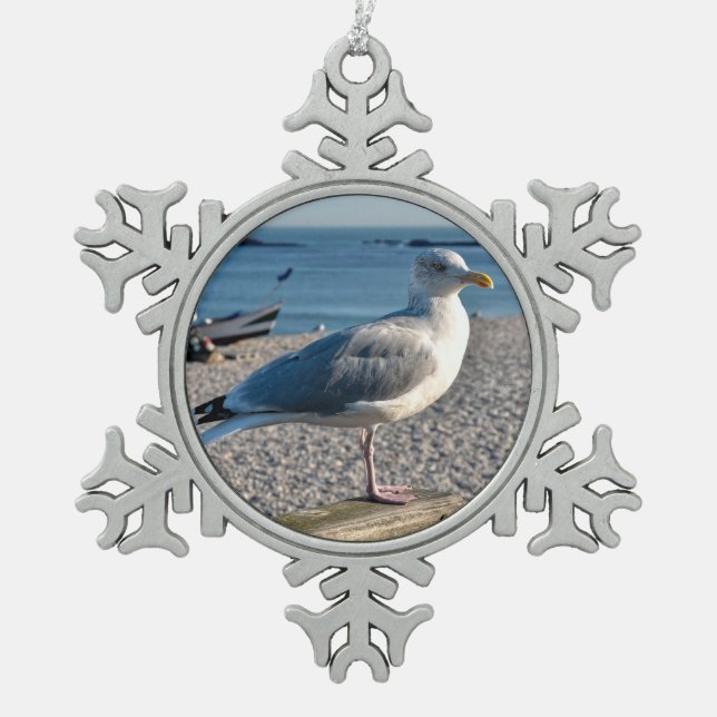 Herring gull perched on a wooden fence   snowflake pewter christmas ornament (Front)