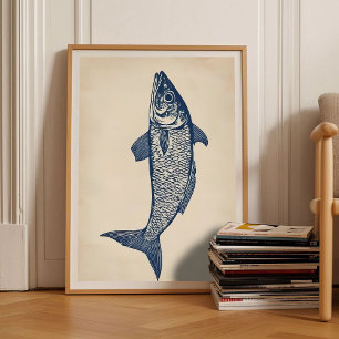 Herring Print Linocut Vintage Poster Retro Herring