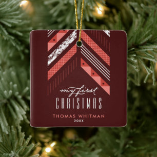 Herringbone Band 1st Christmas Ornament - Red