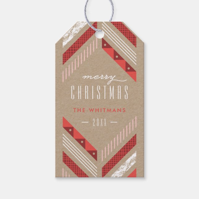Herringbone Band Holiday Photo Gift Tag - Crimson (Front)