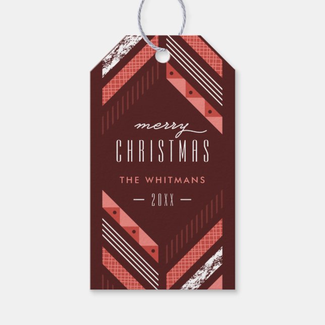 Herringbone Band Holiday Photo Gift Tag - Red (Front)
