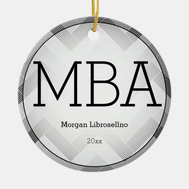 Herringbone Black Grey MBA Graduation Name Year Ceramic Tree Decoration (Front)
