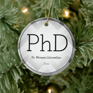 Herringbone Black Grey PhD Graduation Name Year Ceramic Tree Decoration