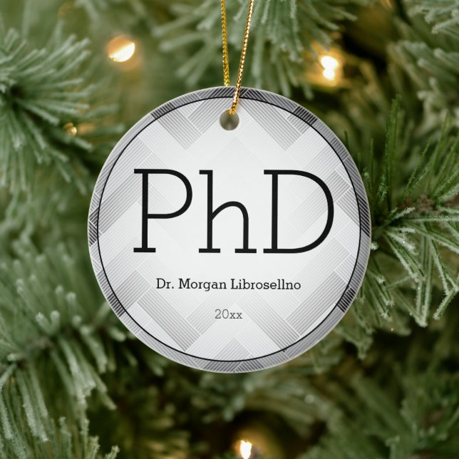 Herringbone Black Grey PhD Graduation Name Year Ceramic Tree Decoration (Tree)