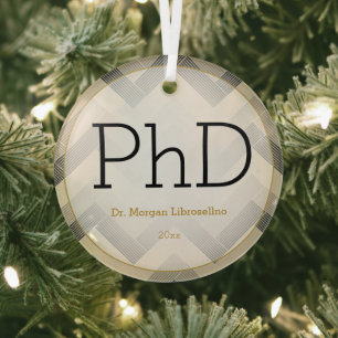 Herringbone Black Tan PhD Graduation Name Glass Tree Decoration