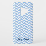 Herringbone Blue White Beach Colours Custom Case-Mate Samsung Galaxy S9 Case<br><div class="desc">This pretty, beach-house-inspired Samsung phone case design has a lightly textured blue-and-white herringbone pattern. This modern, elegant, stylish design is perfect for matching your coastal / ocean / nautical theme style. Easily add your name in blue cursive to personalise. "Customise It" to make adjustments. This case is part of a...</div>