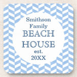 Herringbone Blue White Beach House Custom Coaster<br><div class="desc">This pretty, personalised beach house design has a lightly textured blue-and-white herringbone pattern. Easily add your personal details to the templates. You can even change "beach house" to "summer home, " "lake house" or any other wording you'd like. This modern, elegant design will be perfect to match your coastal /...</div>