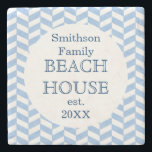 Herringbone Blue White Beach House Custom Stone Coaster<br><div class="desc">This pretty, personalised beach house stone coaster design has a lightly textured blue-and-white herringbone pattern. Easily add your personal details to the templates. You can even change "beach house" to "summer home, " "lake house" or any other wording you'd like. This modern, elegant design will be perfect to match your...</div>