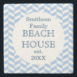 Herringbone Blue White Beach House Custom Stone Coaster<br><div class="desc">This pretty, personalised beach house stone coaster design has a lightly textured blue-and-white herringbone pattern. Easily add your personal details to the templates. You can even change "beach house" to "summer home, " "lake house" or any other wording you'd like. This modern, elegant design will be perfect to match your...</div>