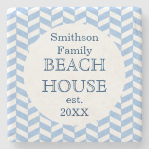 Herringbone Blue White Beach House Custom Stone Coaster
