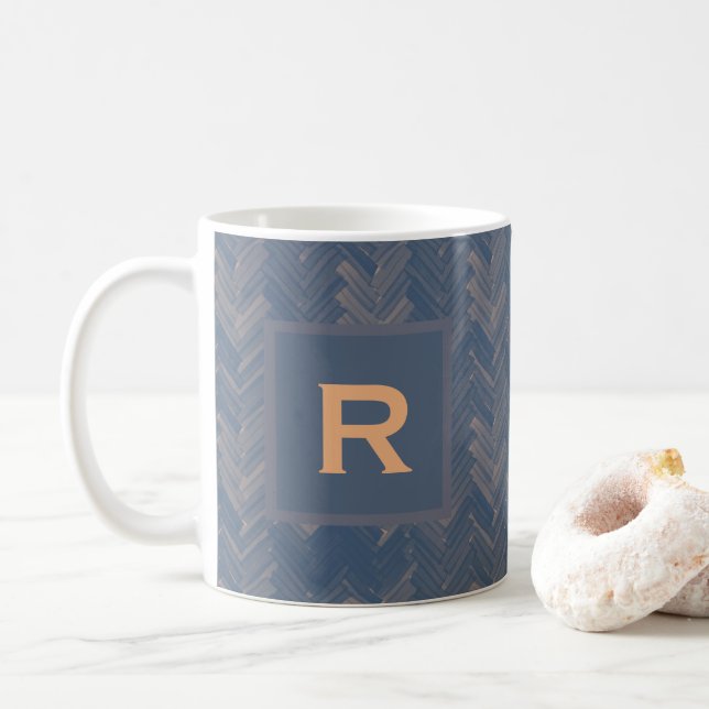 Herringbone Chevron Pattern Retro Blue Personal Coffee Mug (With Donut)